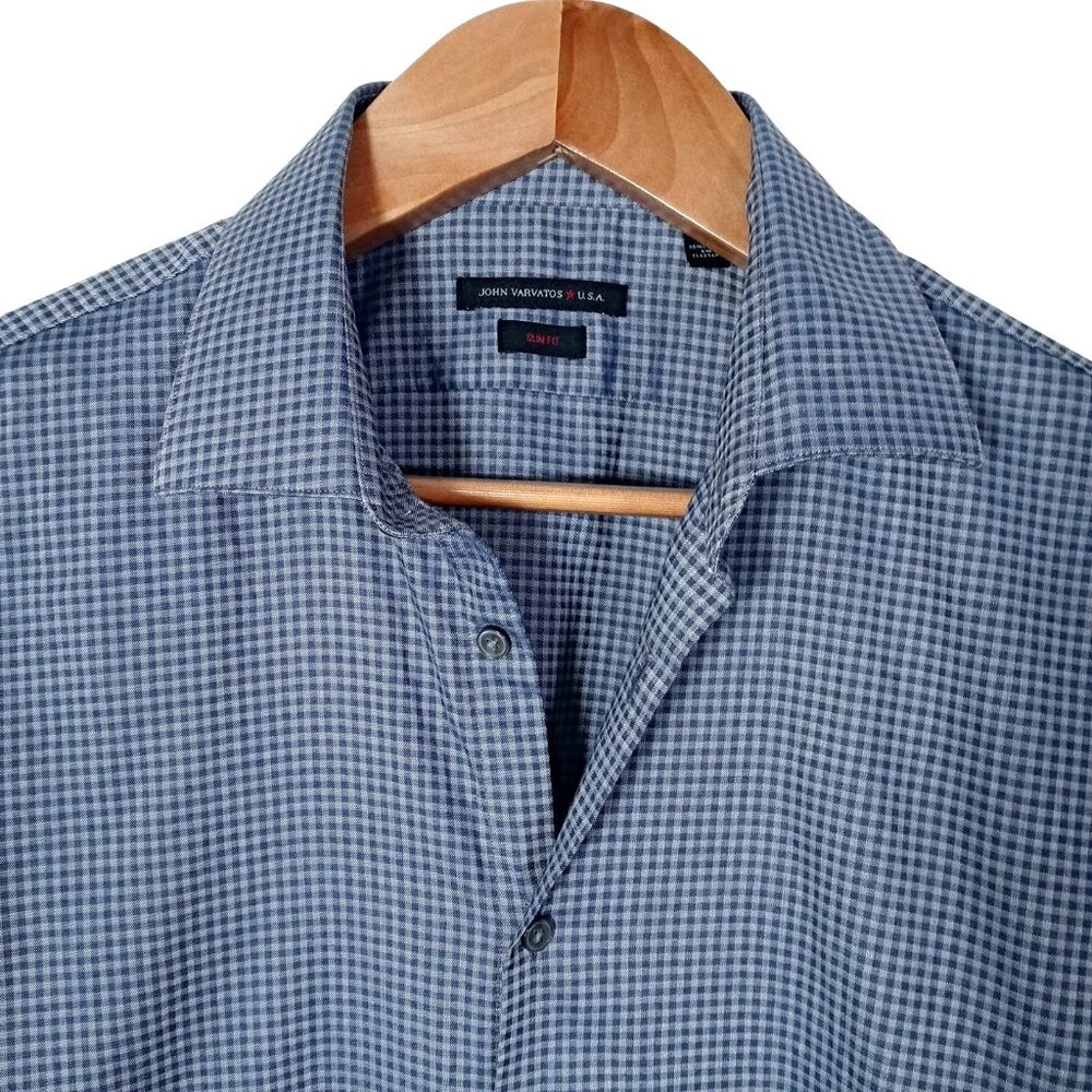 John Varvatos Mens Slim Fit Button Up Shirt Blue Plaid Cotton Stretch Size 18